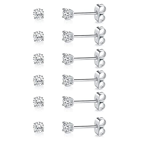 MDFUN Hypoallergenic CZ Stud Earrings Set for Women/Men,6 Pairs 18K Gold Plated Round 3mm Clear Cubic Zirconia Earring Pack Jewelry Gift