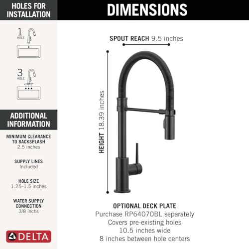 Image of Delta Trinsic Pro Style Commercial Kitchen Faucet with Pull Down Sprayer, Single Hole Matte Black Kitchen Sink Faucet, Single Handle, Matte Black 9659-BL-DST