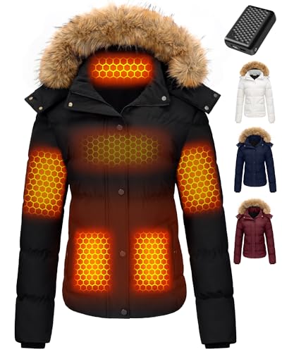Heated Jacket for Women with 12V Battery Pack Winter Outdoor Soft Shell Electric Heating Coat Black Short Warm Winter Apparel Puffer Rechargeable Usb Electric Clothes Battery Pack Included Puffy Vest