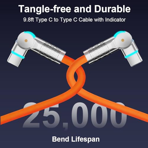Image of Verilux 240W Type C Cable Fast Charging with LED, 9.8Ft 180 Degree No Tangle PVC C Type Charger Cable with 480Mbps Data Transmission USB C for iPhone 17 /17 Pro /17 Pro Max /16 /15, Galaxy S25 /S24