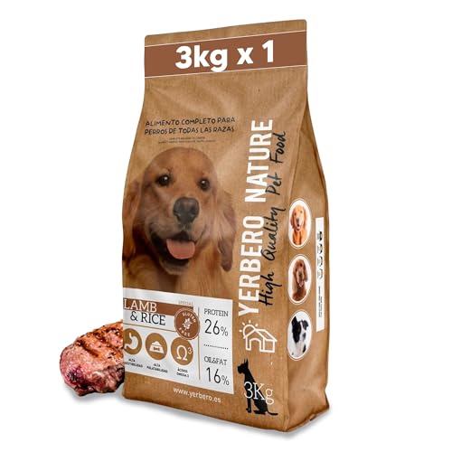 Yerbero Nature Agnello & Riso Crocchette Senza Glutine per Cani – 3 kg – Alimento Ipoallergenico ad Alta Digestione – Omega 3 e 26% Proteine