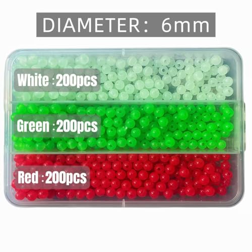 KAYYIPEX Fishing Beads 6mm 8mm 10mm Size Options, Glow in The Dark Beads Assorted, Each Box Contains 3 Colors Red Green White for Freshwater Saltwater Fishing Rigs Catfish Steelhead Lure Making