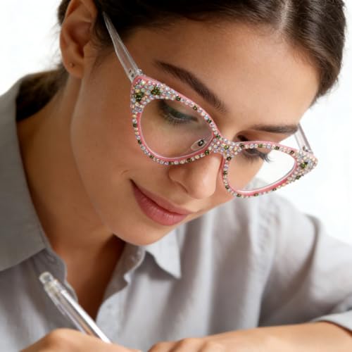 Image of ICARA Bling Rhinestone Cat Eye Reading Glasses for Women - Blue Light Blocking Computer Readers Lightweight TR90 Frame