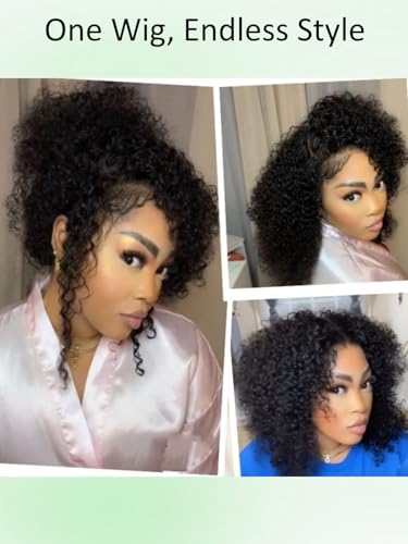 Image of KLAIYI Bye Bye Slip Afro Kinky Curly Precut 7x5Lace Front Wigs Human Hair Glueless Pre Plucked Bleached Knots Drawstring Bouncy Curls Ready to Wear and Go Wig with Finger Coil Ends 180%Density 20Inch