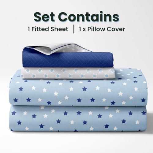 Image of LORETO - A QUALITY LINEN BRAND 144 TC 100% Pure Cotton Single Fitted Bedsheet with 1 Pillow Cover for 72 x 36 Inch Mattress, All-Around Elastic, 8 Inch Deep Pocket, Nile Blue Stars