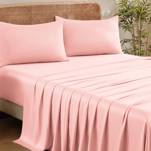 Image of MICORAL King Size Sheets Set, Rayon Derived from Bamboo Cooling Sheets for Hot Sleepers, Breathable & Soft, Deep Pocket Up to 16 Inches, Hotel Luxury Silky Bedding, Rose Pink