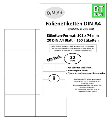 BT-Label 160 etiquetas de poliéster láser (formato 105 x 74 mm) en 20 hojas DIN A4, resistentes a la intemperie, color blanco (8 hojas por A4), autoadhesivas, imprimibles con impresora láser Cover