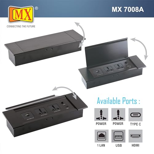 Image of MX Premium Power Console 16A | 6 Universal Sockets + 2 USB Ports | Removable Desk Clamp | Master Switch | Desktop Socket with 3AC + USB-A /C + HDMI + LAN (Black)
