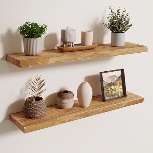 Image of 32 inch Floating Shelves for Wall Live Edge, Natural, 2PCs | 8'' D Rustic Solid Elm Wood, Wall Mounted, Wall Shelves, Invisible Bracket, Living Room Bedroom Kitchen