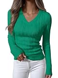 ANRABESS Womens Long Sleeve Cable Knit Sweater 2025 Fall Fashion V Neck Fitted Pullover Top Business Casual Work Fall Outfits Green Medium