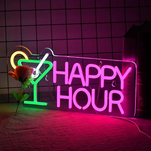NEON LED Licht, dekorative Wand-Leuchte, HAPPY HOUR, grün pink, ca. 42 x 22 x 2 cm, Deko-Licht, Wohnzimmer, Gaming-Zimmer, Nachtlicht für Schlafzimmer, Gamer Design-Lampe, USB-Betrieb