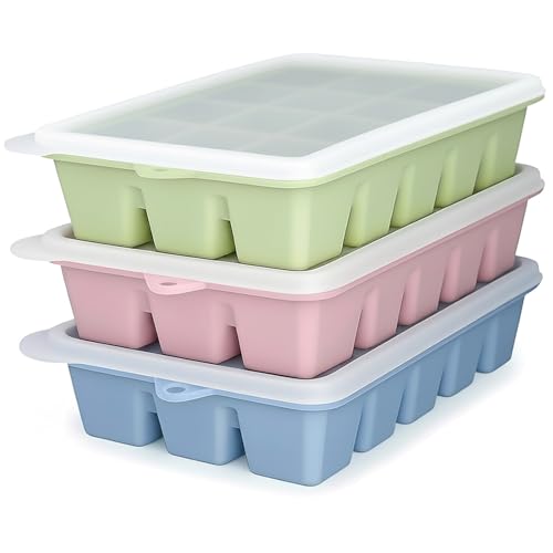 Upgraded Silicone Ice Cube Trays For Freezer with Spill-Proof Lid, Easy Release 1.2'' Ice Cube Molds & Trays for Coffee, Drinks, Cocktail, Whiskey, Baby Food, BPA Free, 3Pack