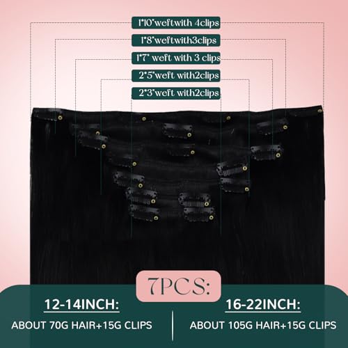 Image of Easyouth Human Hair Clip in Extensions Black, 22 Inch 120g 7pcs, Human Hair Extensions Clip ins, Jet Black, Quick Diy Installation, Straight Clip in Hair Extension
