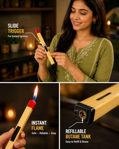 Image of Match Stick Shaped Butane Lighter, 20.5 cm Long Handle Refillable Gas Lighter with One Touch Ignition and Fuel Window for Kitchen Stove, Candles, BBQ, Grill and Camping