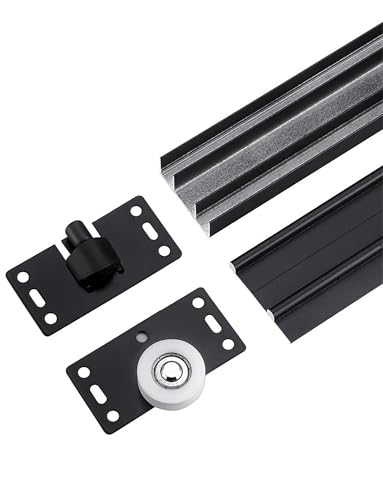 2トラックスライドドアハードウェアキット - クローゼットキャビネットドア用高耐久アルミトラック - 調節可能な3パネルバイパス、フラッシュマウント(Black,180cm)