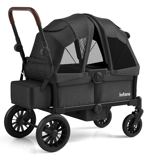 Image of INFANS Wagon Stroller for 2 Kids, Collapsible Adjustable Push Pull Handle Bar, 2 Seater Stroller Wagon with Removable Canopy Snack Tray, Comfortable Drop-Down footwell and Upholstered Seats