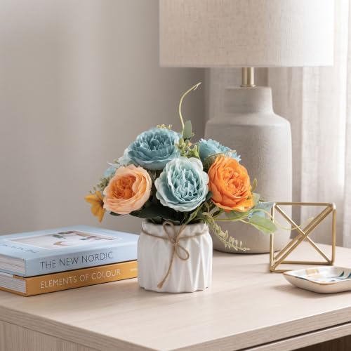 Image of Dekorly Artificial Lavender Plant in White Pot, 18cm - Realistic Faux Flower Arrangement for Home & Office Decor (Set of 1) (1, New Peony Lower)