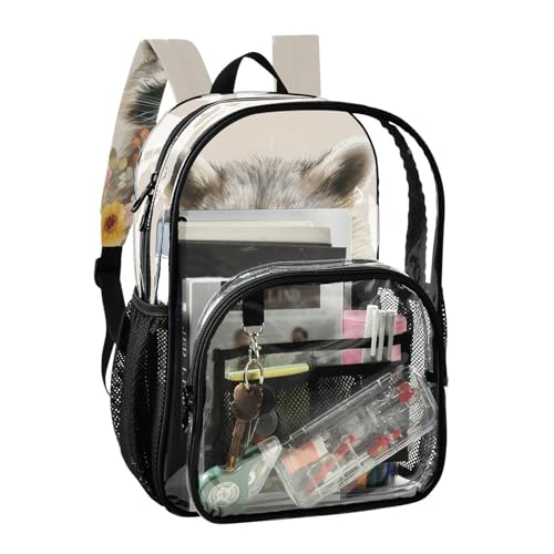 Raccoon Flowers Cute Clear Backpack, PVC Transparent Bag with Large Capacity for Boys, Girls, Men, Women, See Through Bookbag for School Work College Travel2