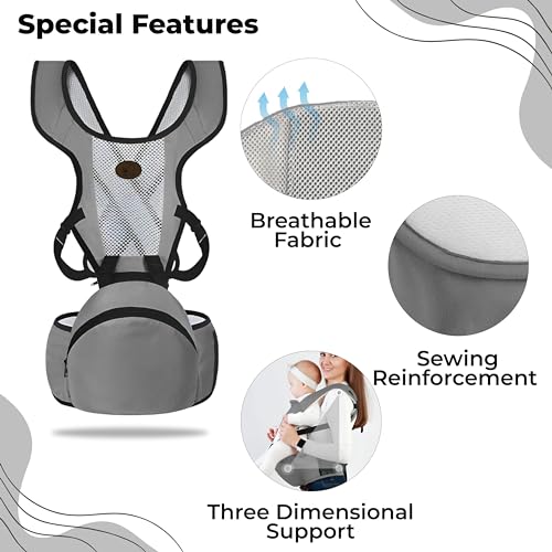 Image of Bembika Baby Carrier with Hip Seat - Soft Kangaroo Bag & Sling Carrier, Multiple Carry Positions, Adjustable Infant Carrier for Hands Free Parenting -(3-24 Months | 3-15 Kg | Grey)