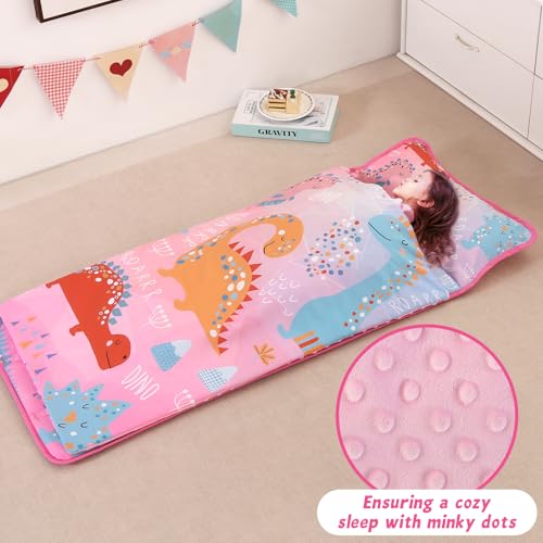 Image of Toddler Nap Mat with Pillow, Large Rolled Dinosaur Nap Mat Daycare | Toddler Sleeping Bag, Nap Mats for Daycare, Preschool, Travel Sleeping Bag for Girls, Toddler Nap Mat Sleep Mat for Daycare