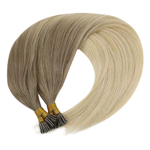 VeSunny Real Balayage Fusion Hair Extensions #14/60 Dark Golden Blonde Balayage Platinum Blonde Pre Bonded I Tip Hair Extensions Colde Fusion Human Hair Straight 40g/pack 0.8g/s 14inch
