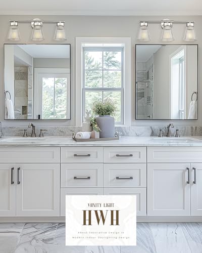 Image of HWH INVESTMENT 3-Light Bathroom Vanity Light, Brushed Nickel, 5HZG97B-3W BN | 24.1-Inch Hardwired Wall Light with Clear Striped Glass; 3 E26 Bulbs, Max 60W Each; Bulbs Not Included