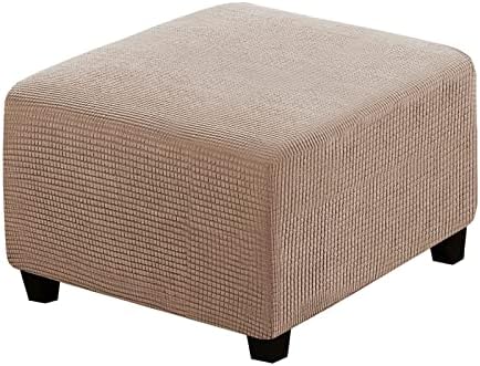 qiden Square Footstool Cover Stretch Ottoman Cover Plush, 10% Thicker Large Stretch Pouffe Cover Anti-Slip Foot Stool Jacquard Slipcovers With Elastic Bottom, Machine Washable-Black