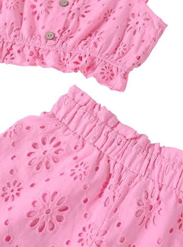 Image of Girls Vacation Outfits Summer 2 Piece Eyelet Ruffle Crop Tank Top with Short Set Pink 9-10 Years