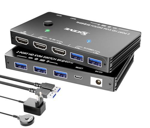 HDMI KVM Switch 2 PC 1 Monitore 8K@60Hz 4K@120Hz, ESKEVE USB3.0 KVM-Switch für 2 PCs, die sich 1 Monitore und 3 USB3.0-Geräte teilen, inkl. USB-Kabel, Netzadapter und Kabelfernbedienung