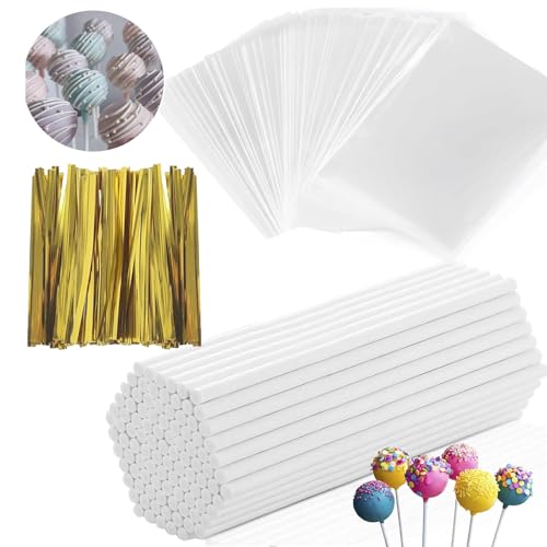 Cake Pop Kit, 100 Cake Pop Sticks, 100 Cake Pop Bags, 100 Twist Ties, Cake Pop Maker for Cake pops, Lollipop, Candies, Chocolates and Cookies