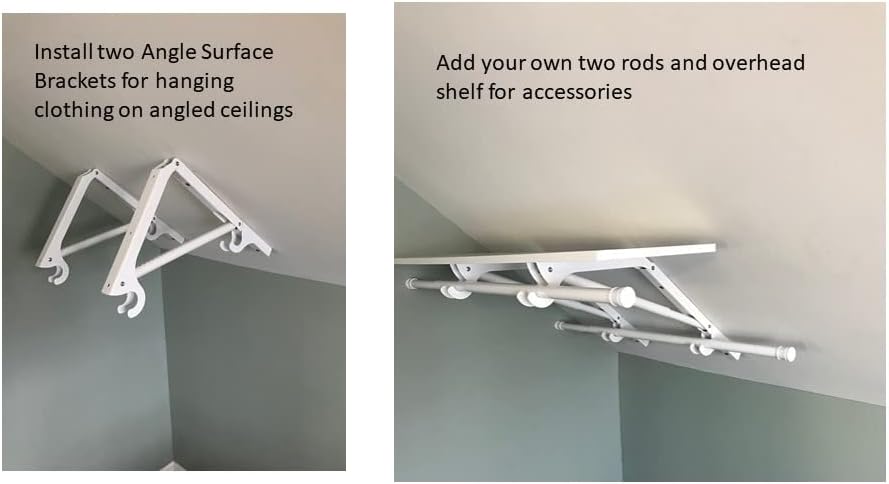 Angled Surface Bracket | Adjustable Rod and Shelf Bracket to Hang Clothing on Angled/Sloped Ceilings or Walls | 25 Hole Adjustments, White, Holds 2 clothing rods and an upper shelf not included.