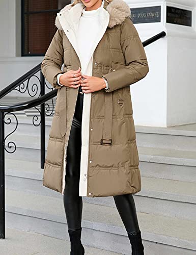 Wyeysyt Women's Down Puffer Coat With Faux Fur Hood, Winter Warm Removable Hooded Parka Slim Maxi Over Knee Thicken Jacket(Brown-L) #TOP2