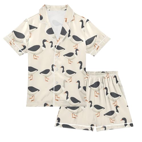 ALAZA Black Goose Duck Satin Pajamas Set Short Sleeve Button Down Sleepwear Summer Pjs 2 Piece
