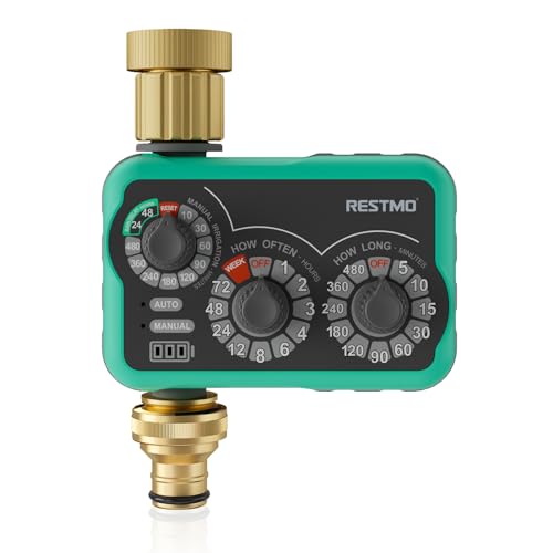 RESTMO 3-Dial Analog Water Timer with Brass Inlet & Outlet Mechnical Sprinkler Timer for Garden Hose with Manual/Rain Delay Automatic Drip Irrigation Timer 480 Minutes Max Watering Easy to Set Up
