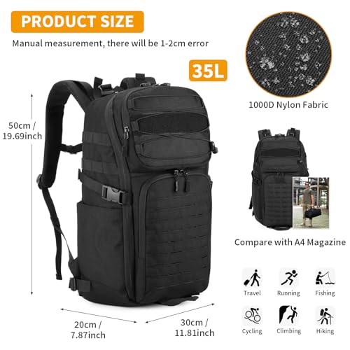 Image of HUNTVP Tactical Backpack for Men 35L Military Backpack MOLLE 1000D Army Daypack 3 Day Bug Out Bag for Work Camping Hiking Outdoor, Black
