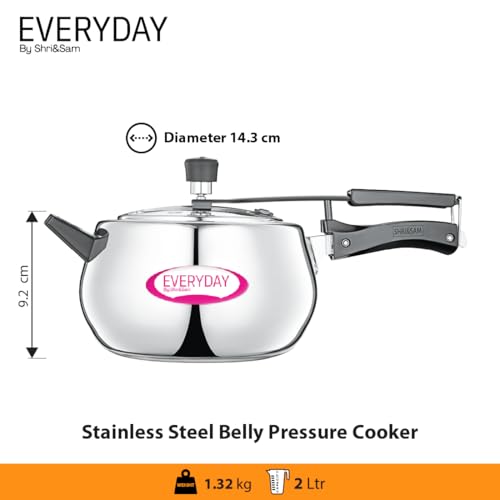 Image of EveryDay Belly Steel Pressure Cooker 2 ltr | Stainless Steel Inner Lid Cooker | Mirror Finish Pressure Cooker With Induction Base | Gas & Induction Use