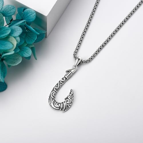 URONE Fish Hook Necklace Sterling Silver Hawaii Fishing Hook Pendant Necklace Jewelry Gifts for Men3