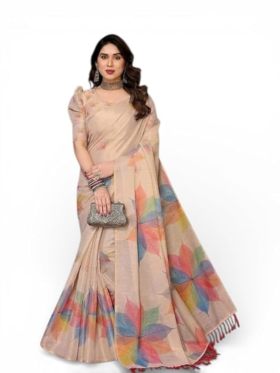 Image of Lilan Cotton Saree with White Daisy Floral Prints Tassel Pallu Lightweight Summer Saree