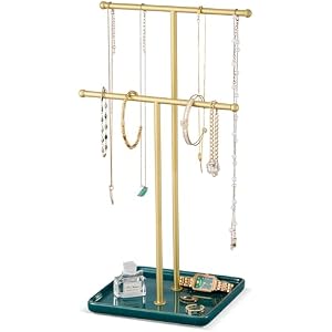 Lolalet Necklace Holder, Jewelry Display Stand with Ceramic Base Tray Jewelry Organizer Tree for Necklaces Bracelets Earrings Rings -Green, 2 Tiers 2 Tiers Green