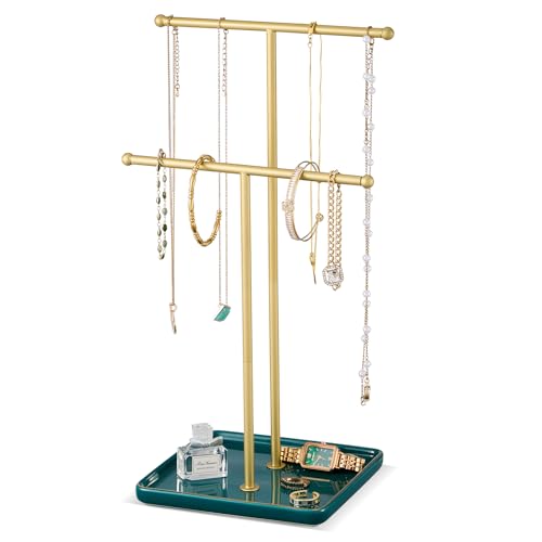 Lolalet Necklace Holder, Jewelry Display Stand with Ceramic Base Tray Jewelry Organizer Tree for Necklaces Bracelets Earrings Rings -Green, 2 Tiers 2