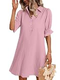 Zeagoo Vestido Verano Mujer Camisero con Manga Volante Cuello V Mini Vestido Elegante Casual Summer Dress for Women Botones Cómodo y Transpirable Vestidos Playeros Rosa L