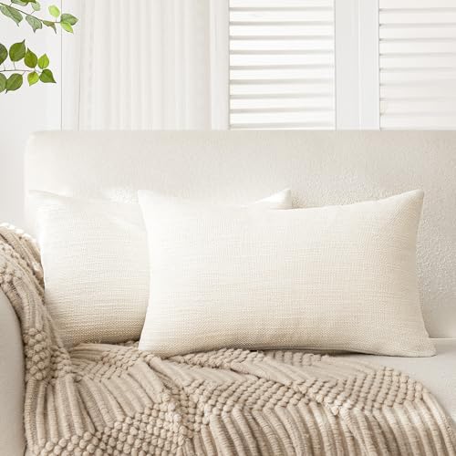 Image of Foindtower Set of 2 Decorative Textured Burlap Linen Throw Pillow Covers Farmhouse Boho Lumbar Cushion Cover Solid Accent Pillowcase for Couch Sofa Bed Living Room Home Decor,12x20 Inch,Cream White