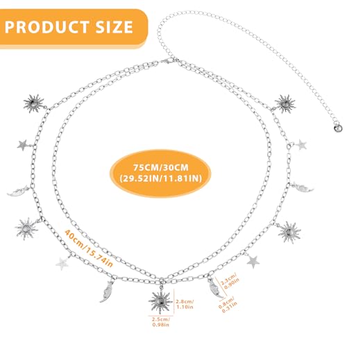 JIEYAO Double Layer Metal Waist Chain, Adjustable Women Waist Link Belt Multilayer Skinny Chain Waistband Sun and Moon Belly Waist Decor Belts (Silver)3