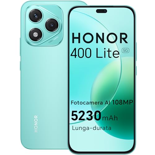 HONOR 400 Lite 5G Smartphone,8GB RAM 256GB Memoria Dual SIM NFC, 5230 mAh,108MP con pulsante AI telefono Android 15, 6.7 pollici AMOLED Eye-Care Display, IP64&SGS, Marrs Green [Versione italiana]