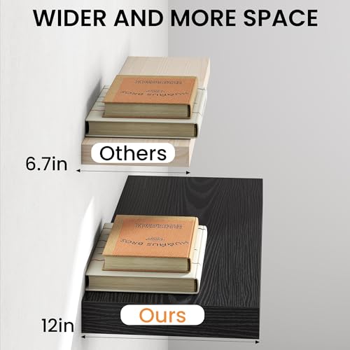 Image of Fun Memories 12 Inch Deep Black Floating Shelf, 24 x 12 Rustic Wood Wall Shelf for Books, 2 inch Thick Deep Floating Shelf for Storage & Display in Kitchen, Living Room, Bedroom, 2 Packs