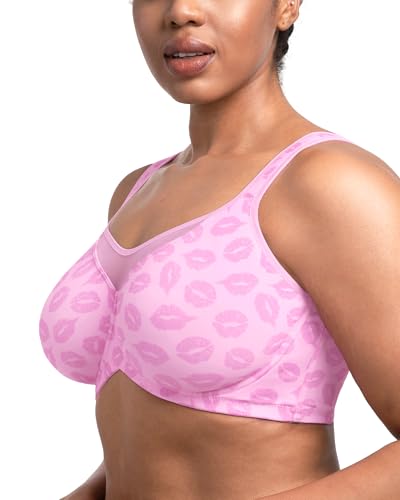 Image of HSIA Minimizer Bras for Women Plus Size, Full Coverage Coolcomfort T Shirt Unlined Bra with Underwire for Heavy Breast, Blush Pink Lip Print 36DD