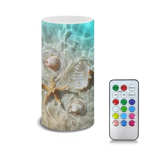 Image of Poceacles Beach Starfish Seashell Flameless Candle Battery Powered with Remote Control 12 Colors 4 /8 Hours Timer LED Night Lights Pillar Candle Tealights Beach Themed Home Decor