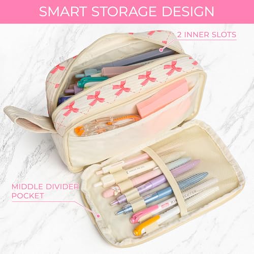 Image of WOBAGMEN Cute Pencil Case,Large Corduroy Zippered Pencil Case Pouch, aesthetic Pencil Bag with Compartments, Pencil Pouch School Supplies (HY-corduroy pc-pink bow)