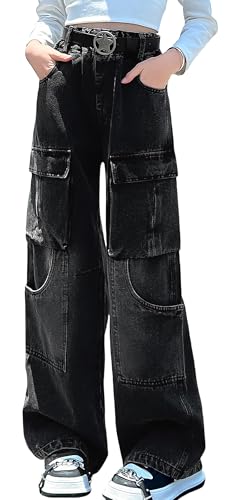 SEAUR Cargohose Mädchen Jeans Hip Hop Hose Kinder Gummibund Multi Taschen Cargo Jeanshose Y2K Baggy Streetwear Freizeit - 160(152-158)