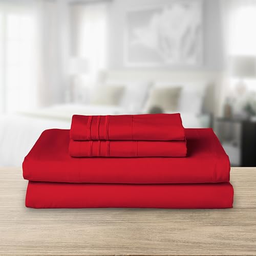 Image of Elegant Comfort Luxurious 1500 Premium Hotel Quality Microfiber Three Line Embroidered Softest 4-Piece Bed Sheet Set, Wrinkle and Fade Resistant, Full, Red
